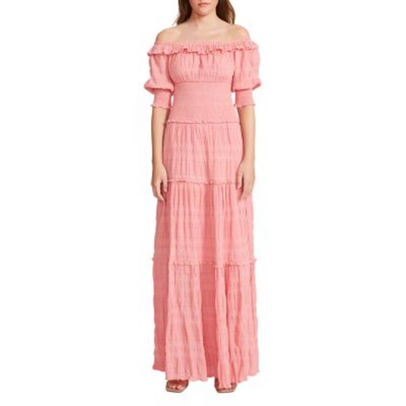 BB Dakota Ladies Deep Lipstick Pink Off-the-Shoulder "Peastantries" Dress