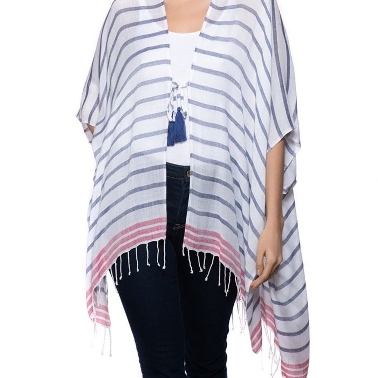 INC International Concepts Ivory, Blue, & Red Striped Kimono, One Size