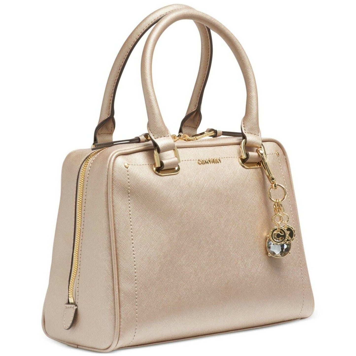 CALVIN KLEIN MARYBELLE SATCHEL, SAFFIANO LEATHER CHAMPAGNE, ZIP TOP