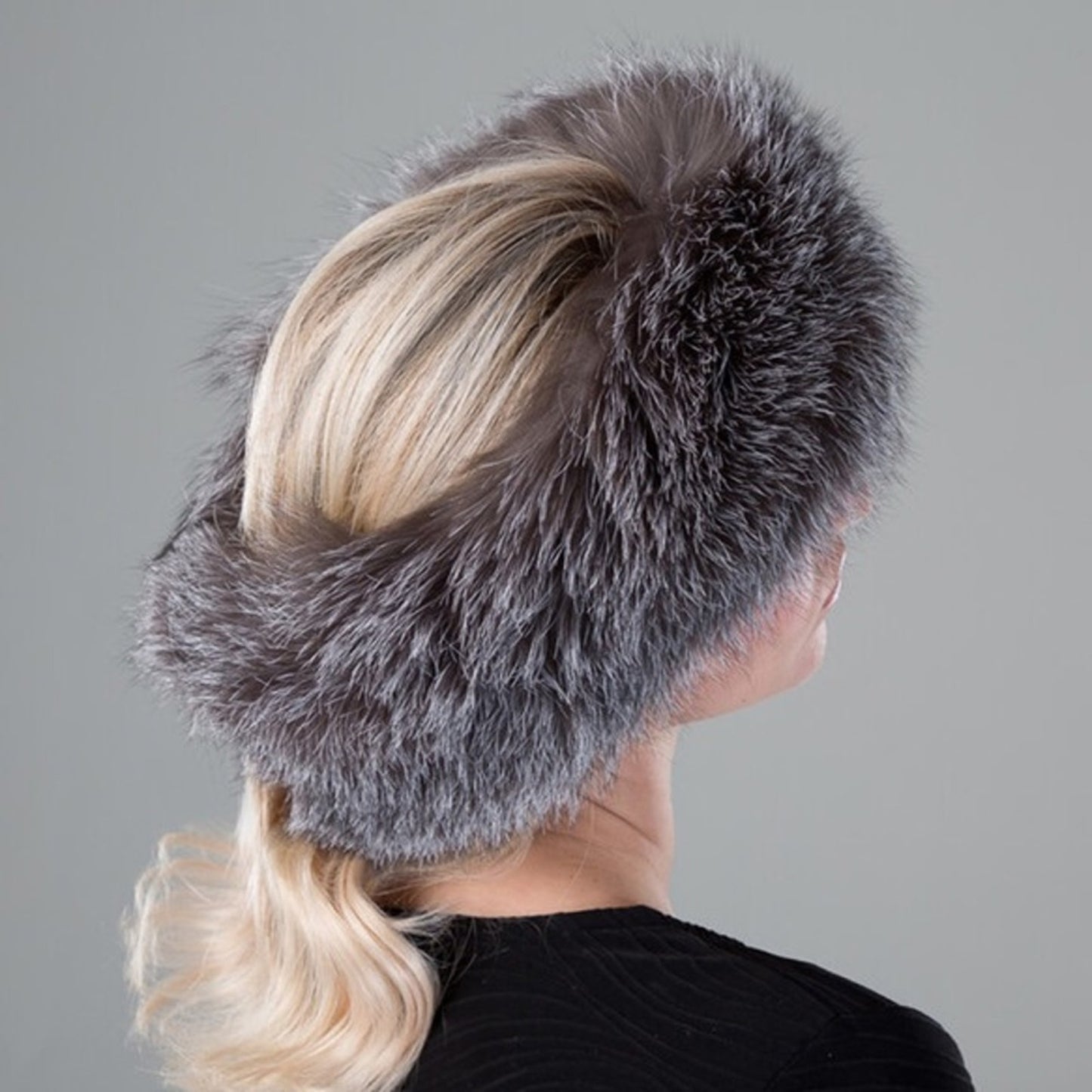 Surell “Blue Frost” Gray Headband Scarf, Fox Fur