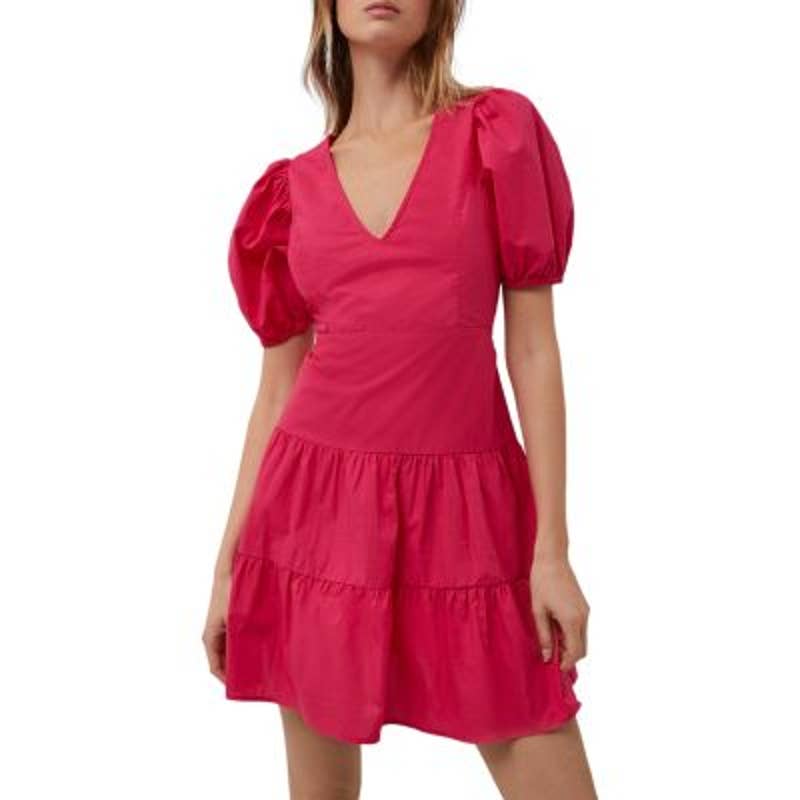 French Connection Ladies Hot Pink Birch Poplin Puff Sleeve Dress