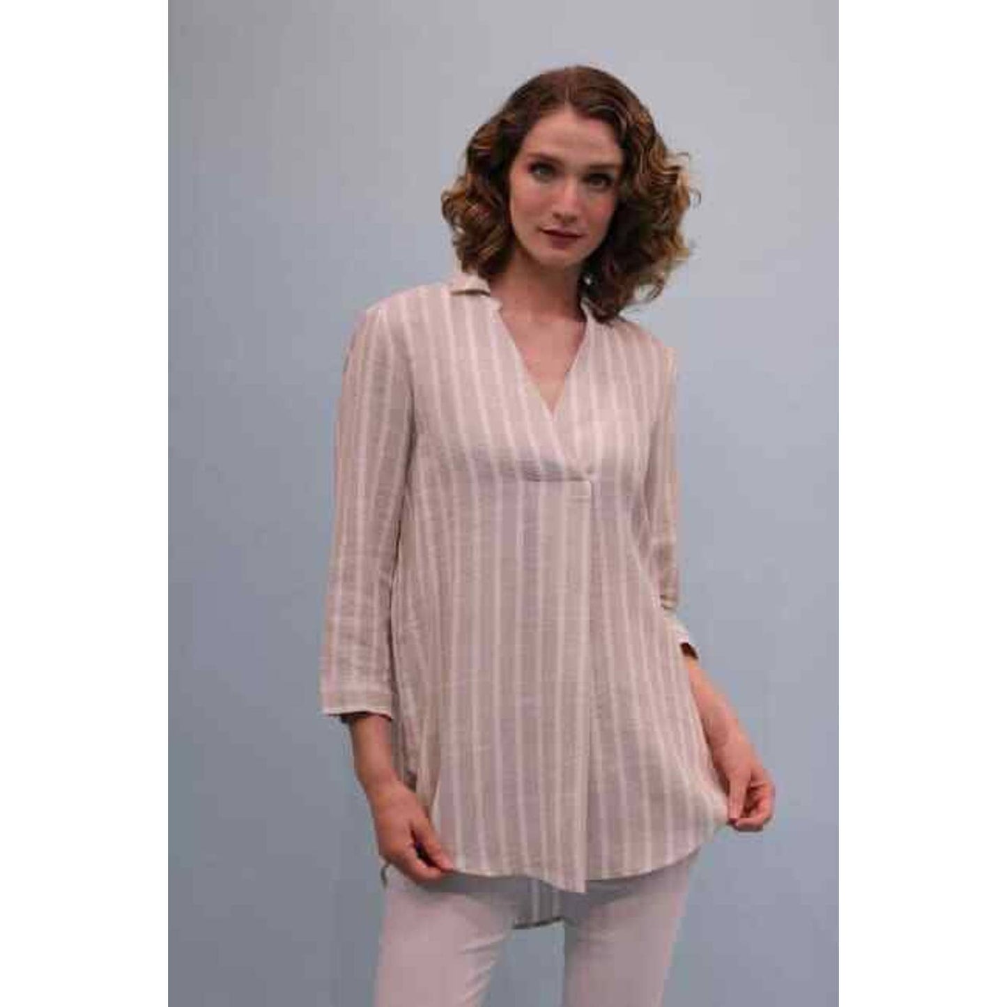 Lena Gabrielle Women's Stripe Linen Top Natural Taupe