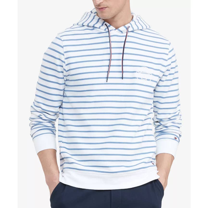 Tommy Hilfiger Men's White & Blue Striped Hoodie