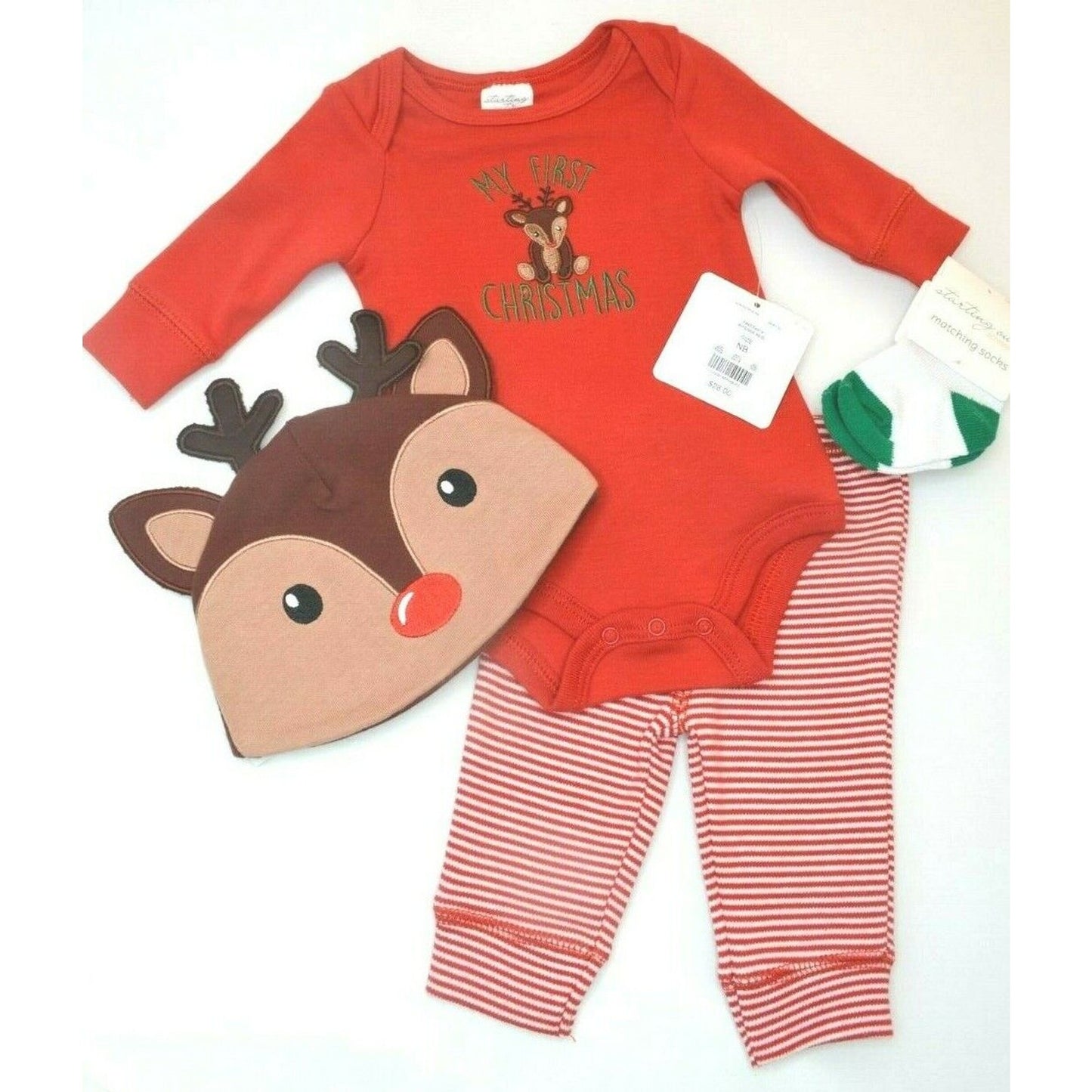 STARTING OUT Baby Boys Bodysuit Pant Hat Sock Set 4 Pc, Christmas Reindeer