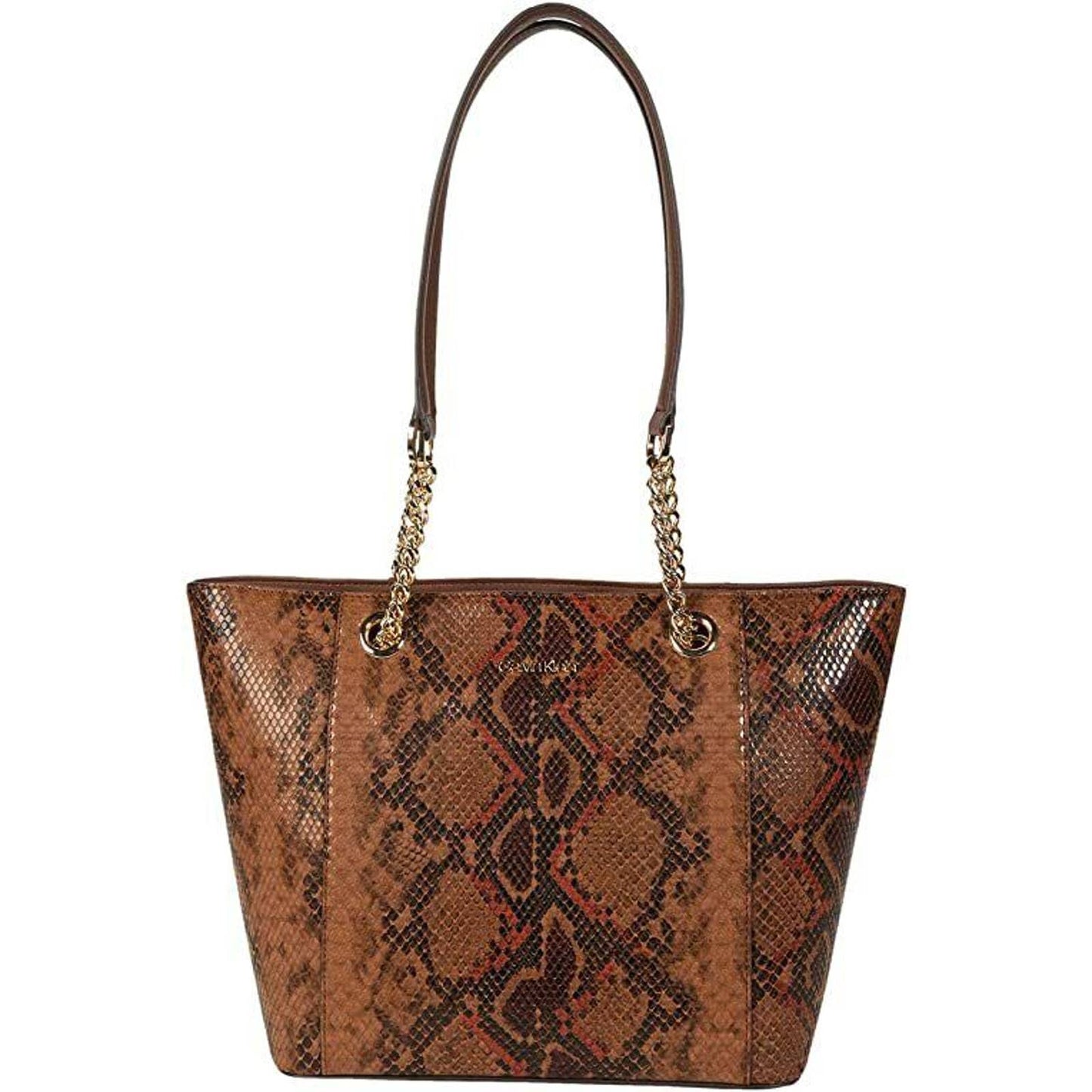 CALVIN KLEIN HAYDEN SNAKE PRINT LEATHER TOTE DOUBLE STRAP, WALNUT