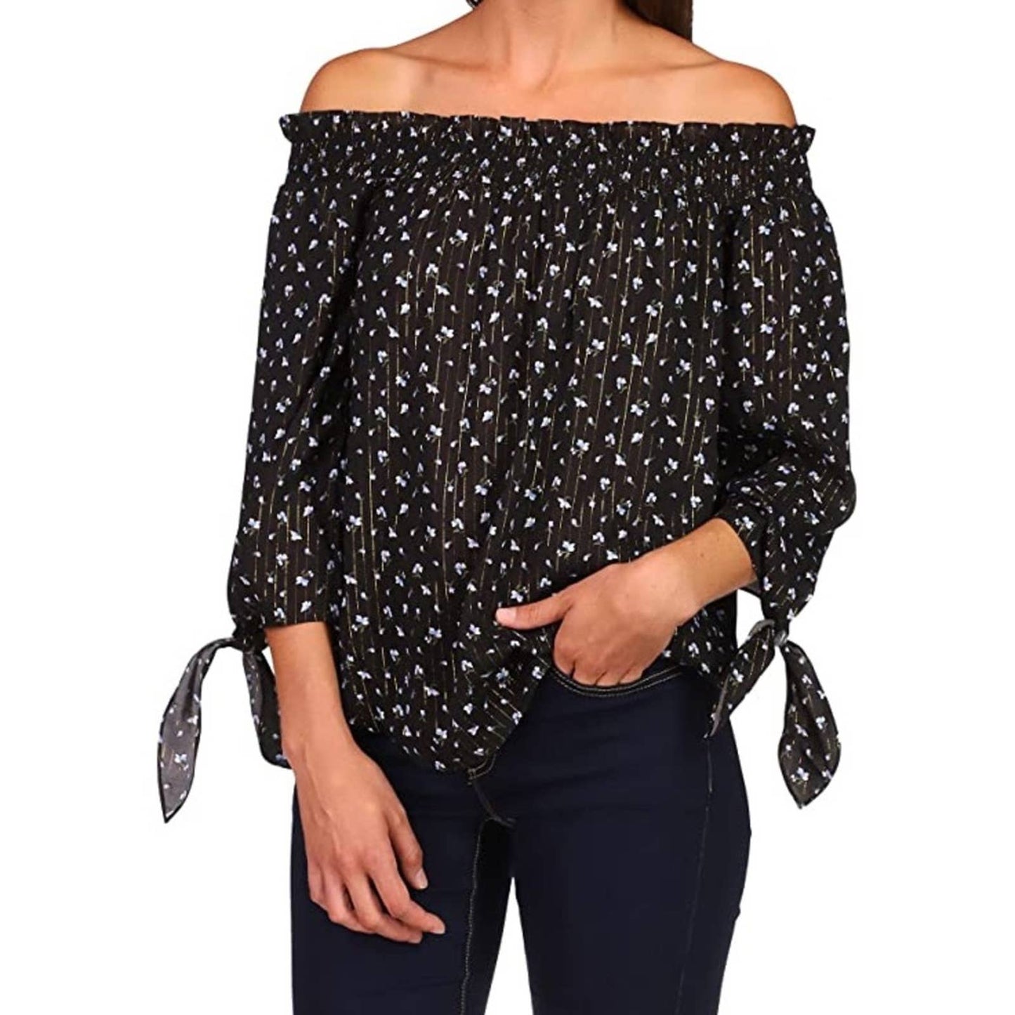 Michael Kors Black Off-the-Shoulder Blouse w/ Blue & White Floral Print
