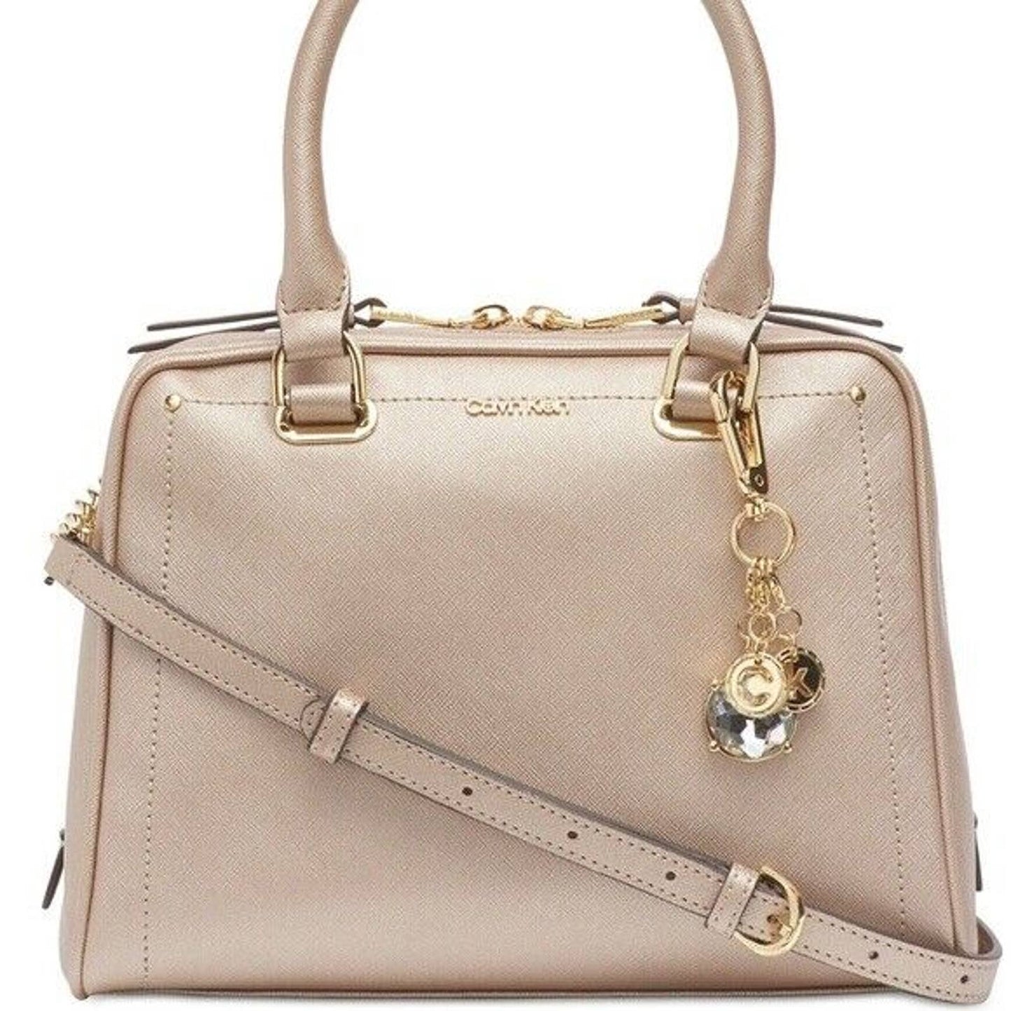 CALVIN KLEIN MARYBELLE SATCHEL, SAFFIANO LEATHER CHAMPAGNE, ZIP TOP