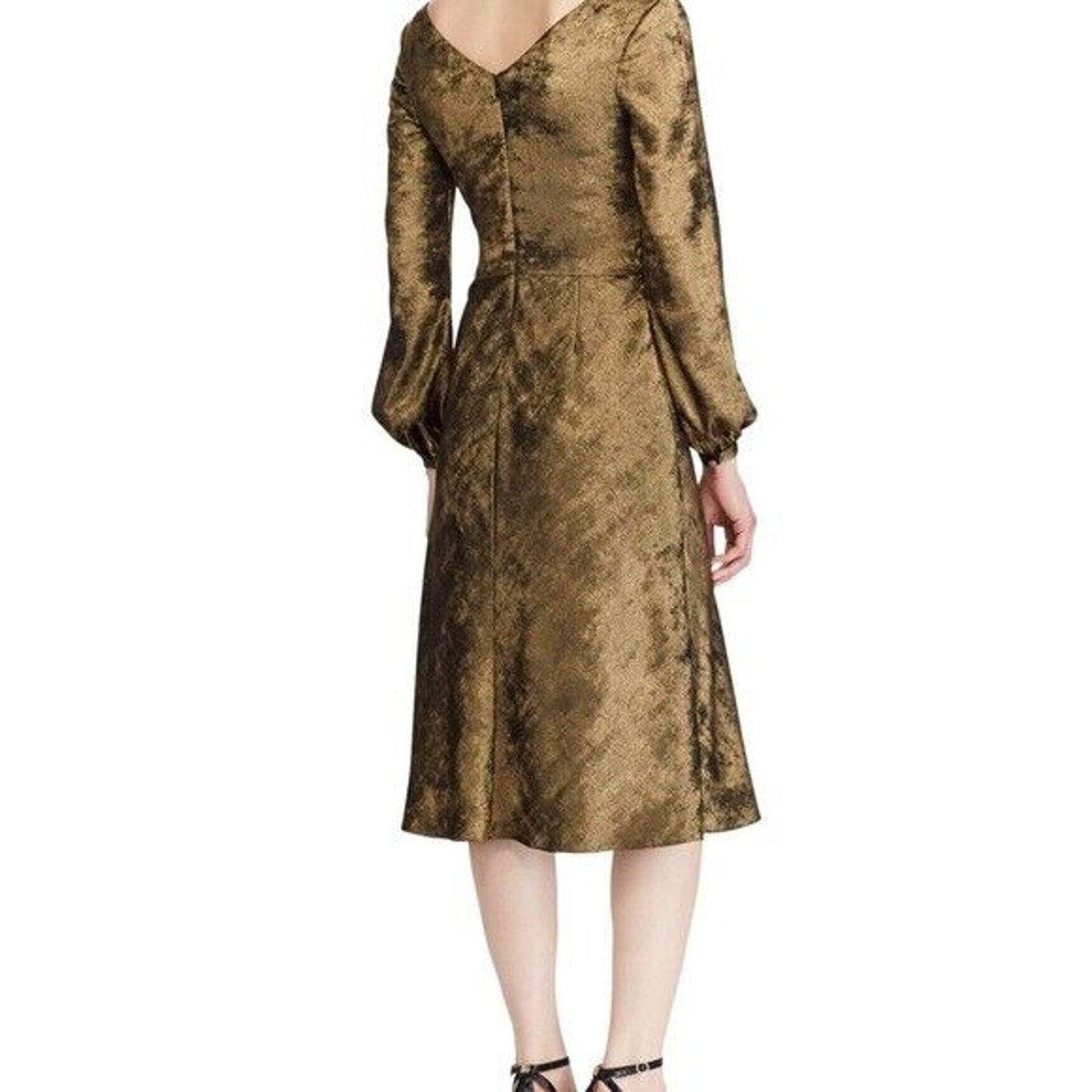 Ralph Lauren Deep Gold Shimmer V-Neck Dress w/ Waist Tie, “Marletta”