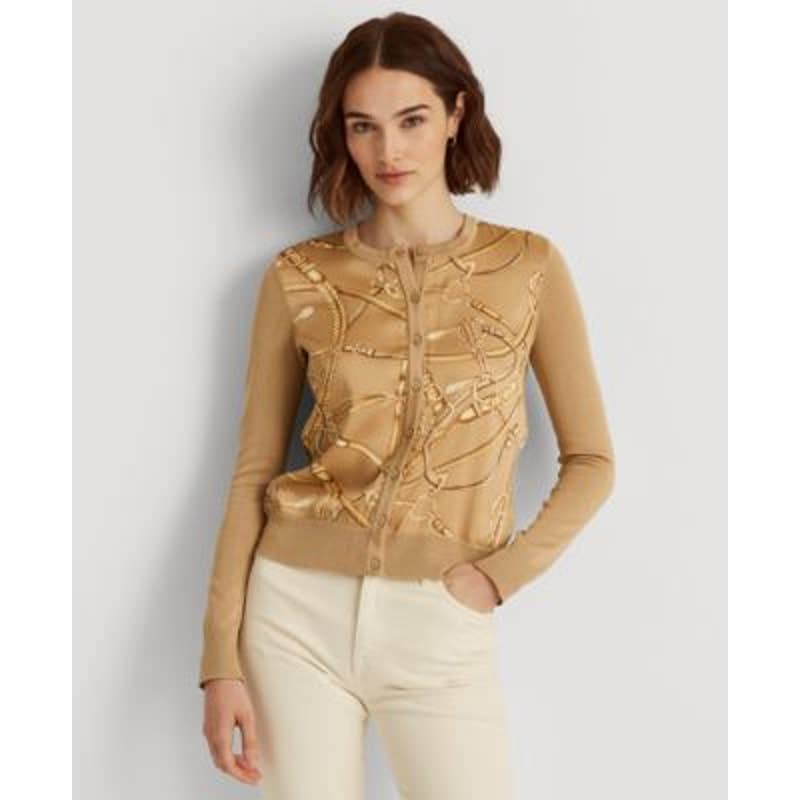 Lauren Ralph Lauren Women's Tan Equestrian Print Cardigan Sweater