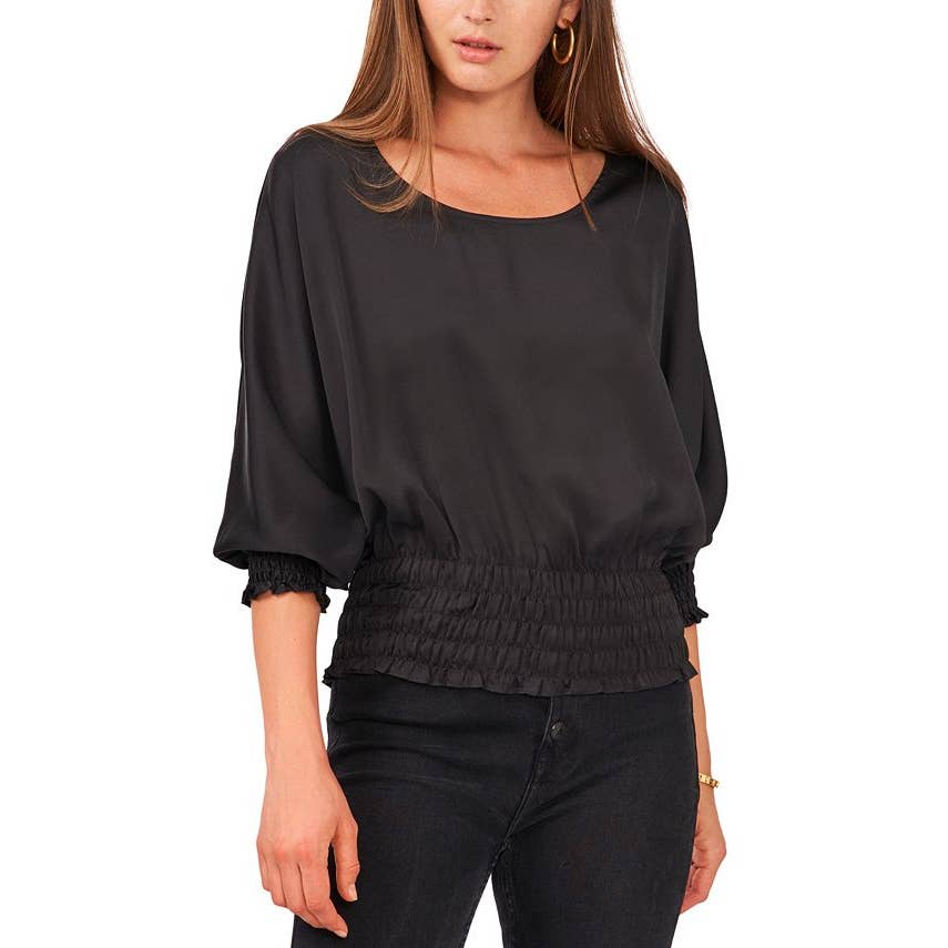 Vince Camuto Women's Black Dolman Sleeve Smocked Hem Blouse
