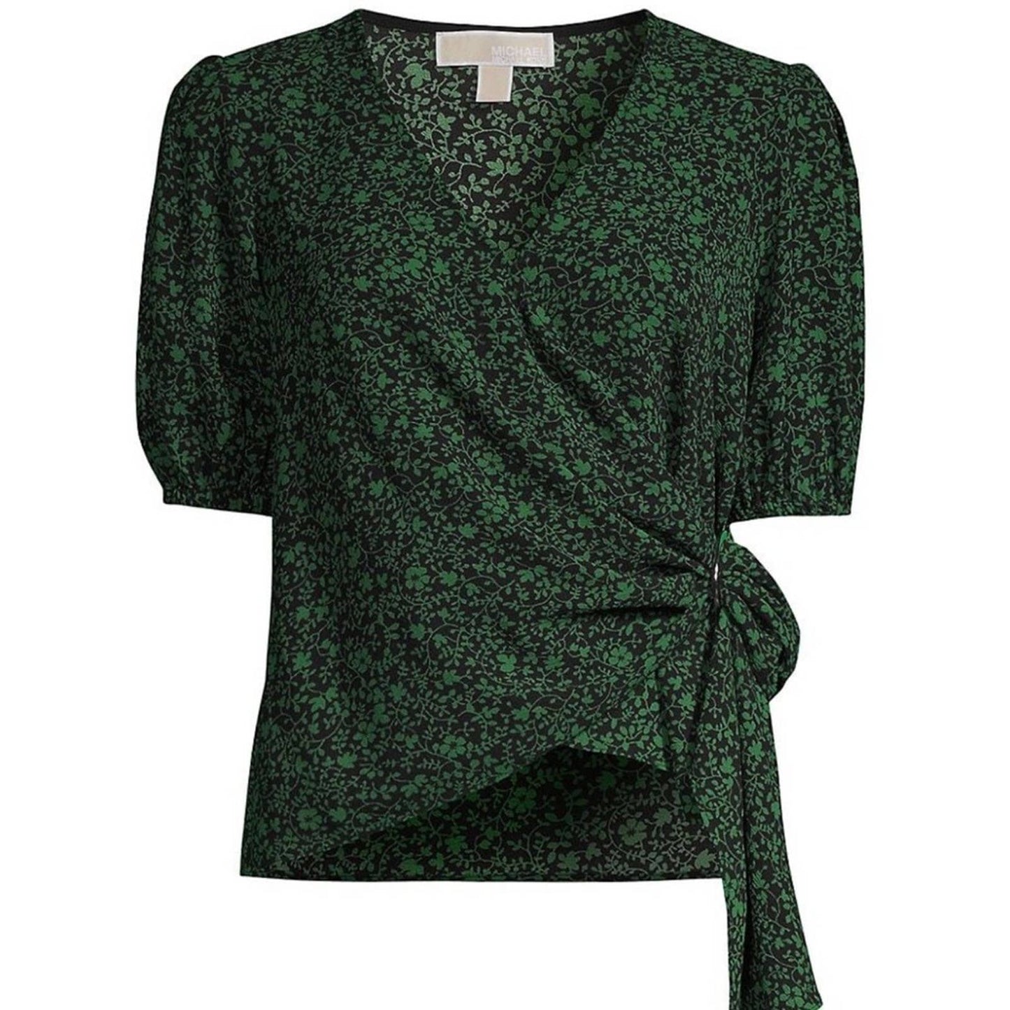 Michael Kors Black & Moss Green Floral Print Wrap Front Blouse