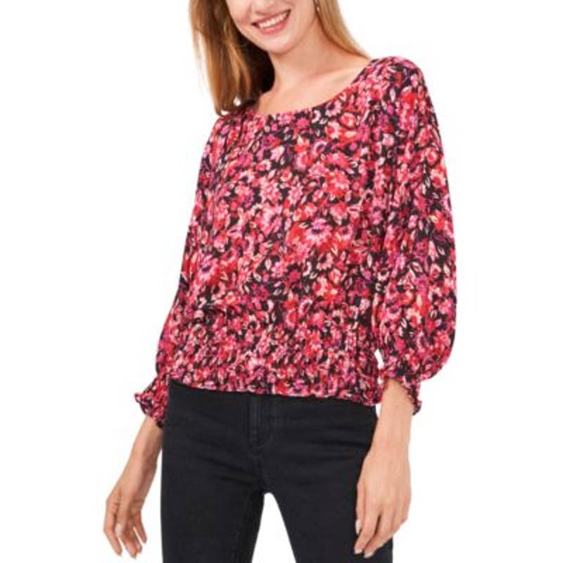 Vince Camuto Women's Fuchsia Pink Floral Print Smocked Peasant Blouse