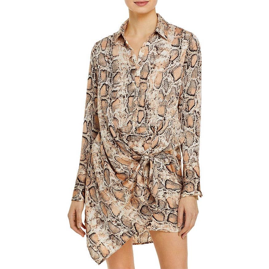 AQUA Women's Cream & Brown Snakeskin Print Long Sleeve Tie Waist Dress
