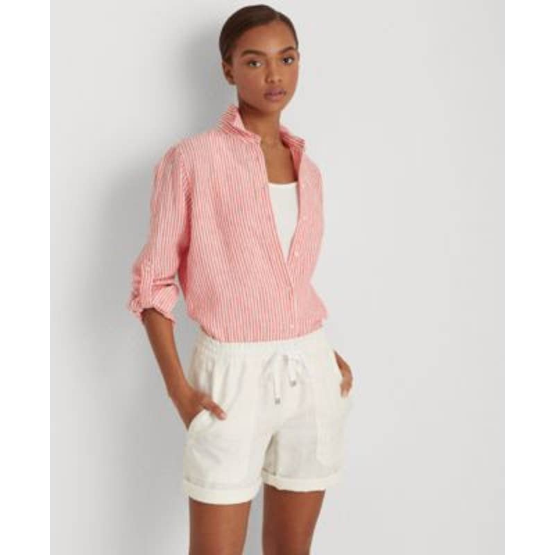 Lauren Ralph Lauren Women's Coral Pink & White Striped Shirtdress, Button Up