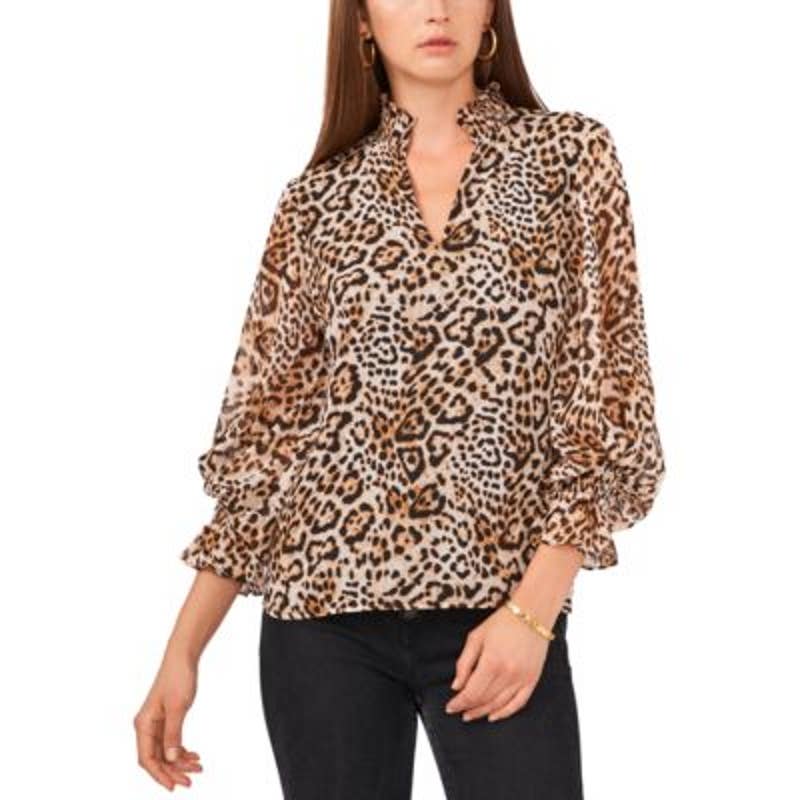 Vince Camuto Women's Brown & Black Animal Print Split Neck Smocked Cuff Blouse