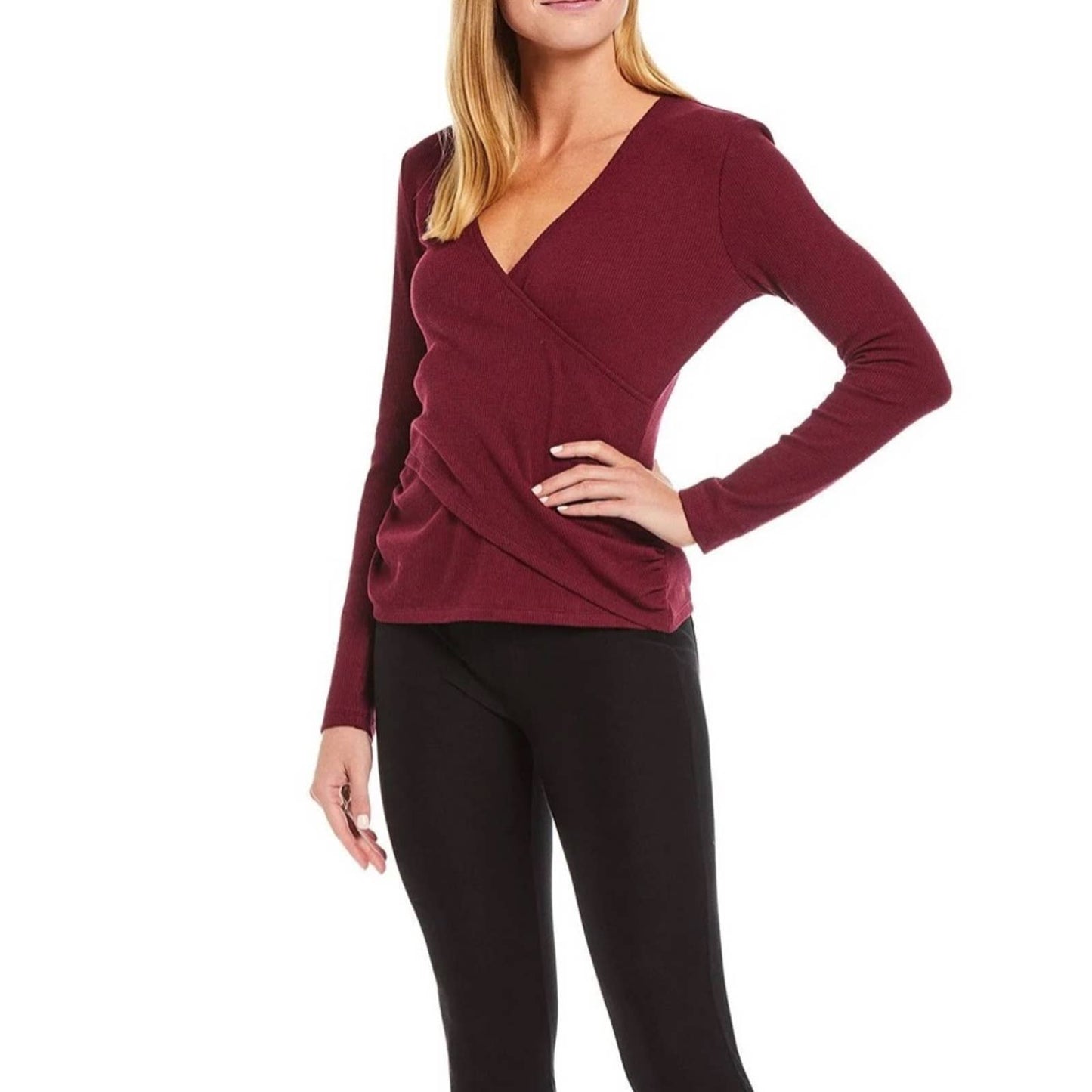 Michael Kors Mini Waffle Wrap Blouse, V-Neck, Long Sleeves