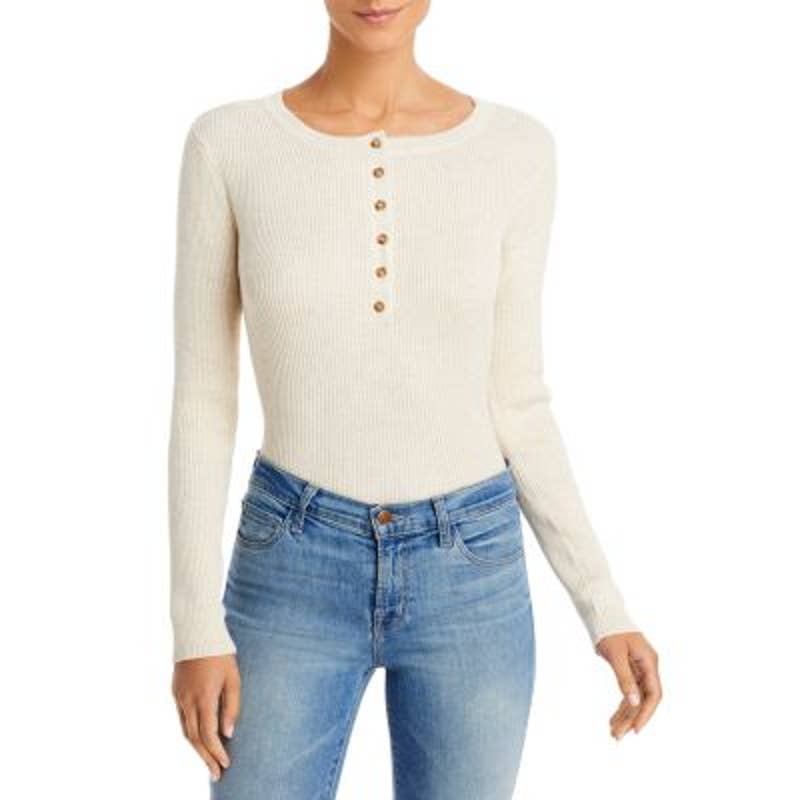 AQUA Women's Oatmeal Beige Ribbed Long Sleeve Button Up Bodysuit