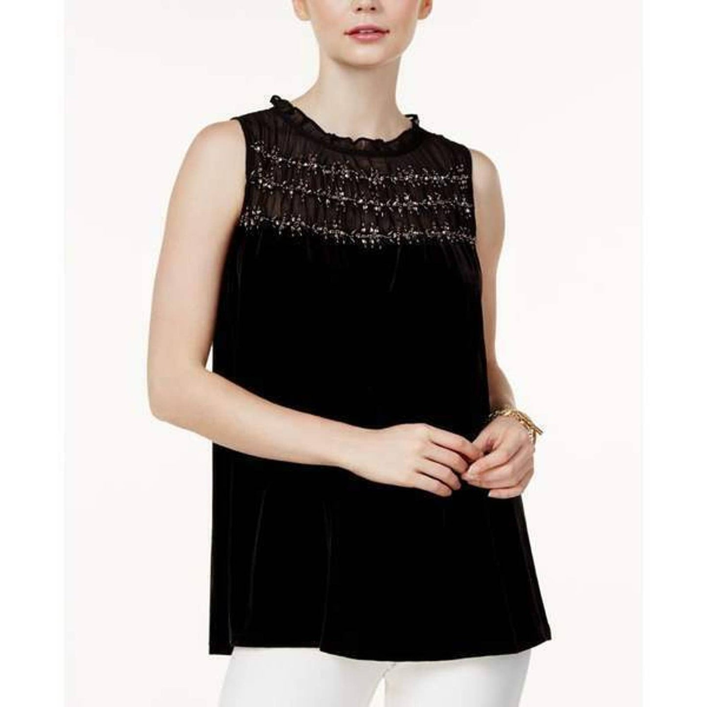 ALFANI Women's Velvet Embellished Yoke Sleeveless Top