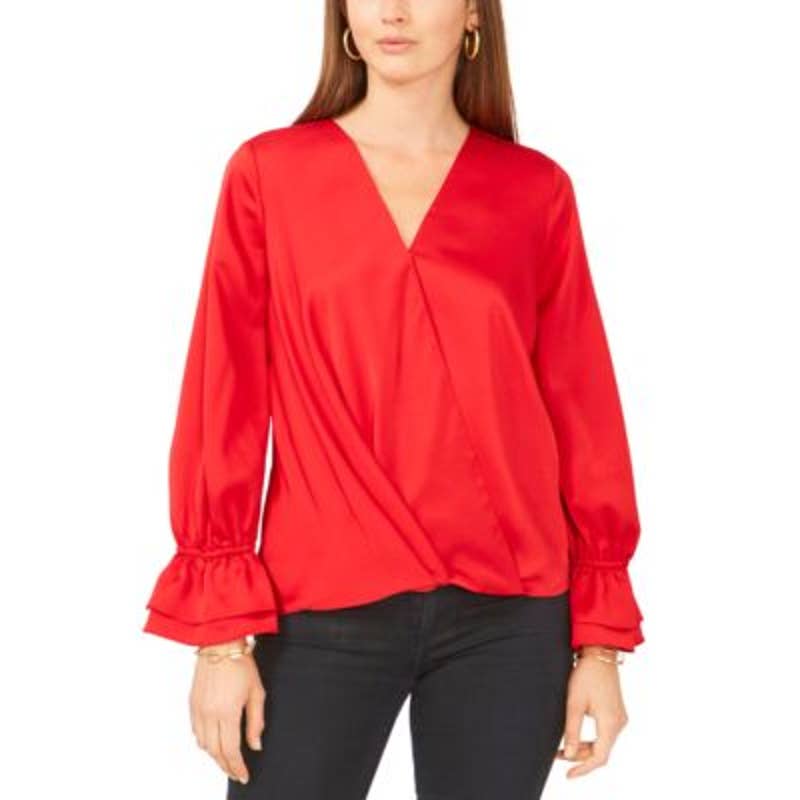 Vince Camuto Women's Bright Cherry Red Wrap Front Ruffle Cuff Blouse