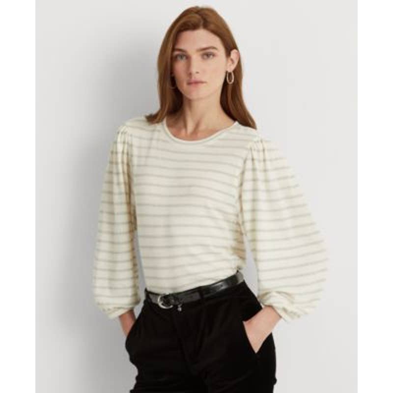 Lauren Ralph Lauren Women's Cream Metallic Stripe Flow Sleeve "Lurex" Blouse