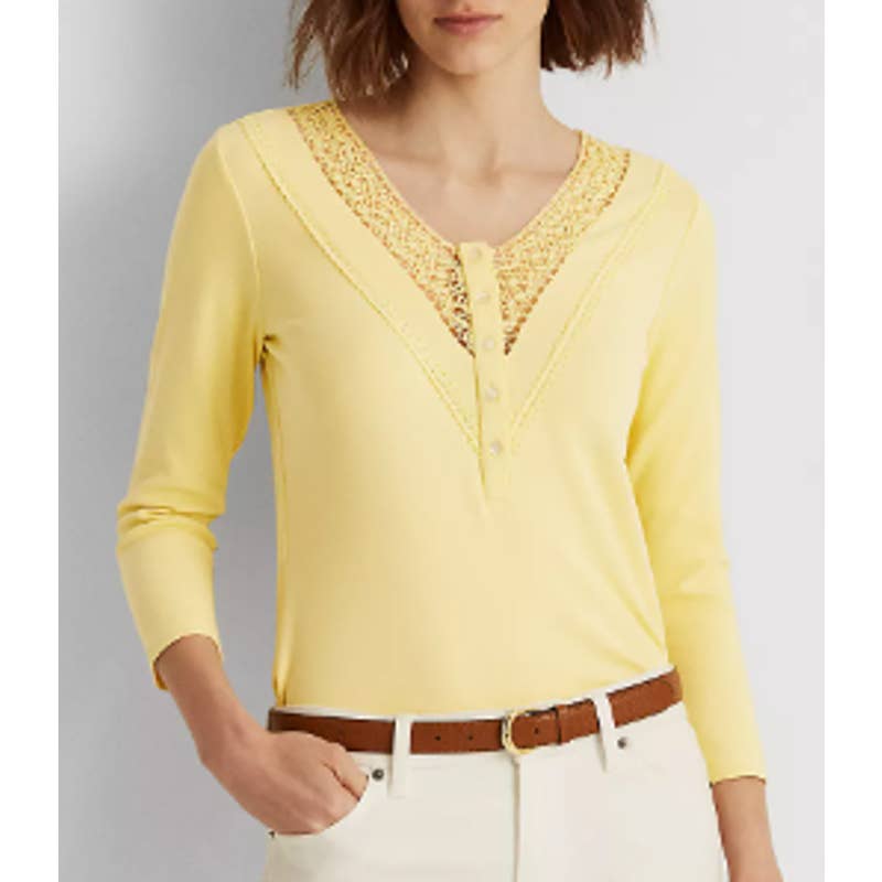 Lauren Ralph Lauren Women's Yellow Bloom Lace Trim "Henley" Top