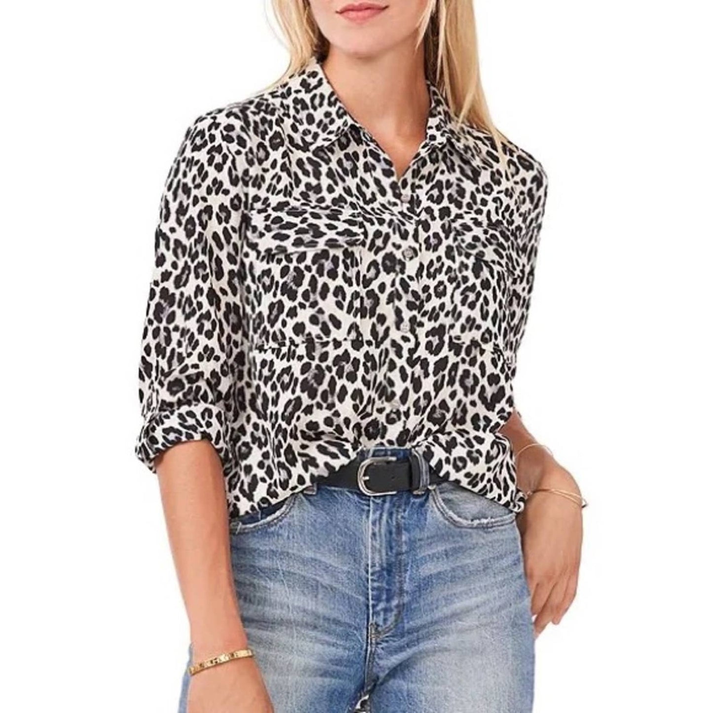 Vince Camuto Black & White Leopard Print Button Up Blouse