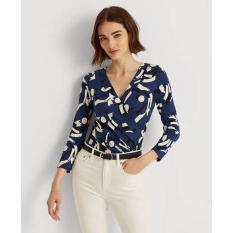 Lauren Ralph Lauren Women's Navy Blue & Cream Geometric Surplice Jersey Blouse