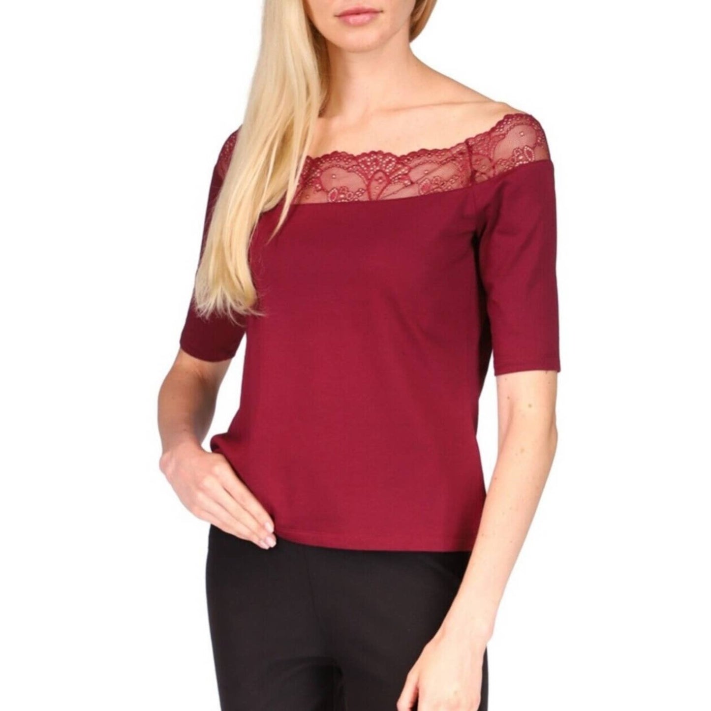 Michael Kors Wine Purple Off-the-Shoulder Lace Accent Blouse, Elbow Sleeves