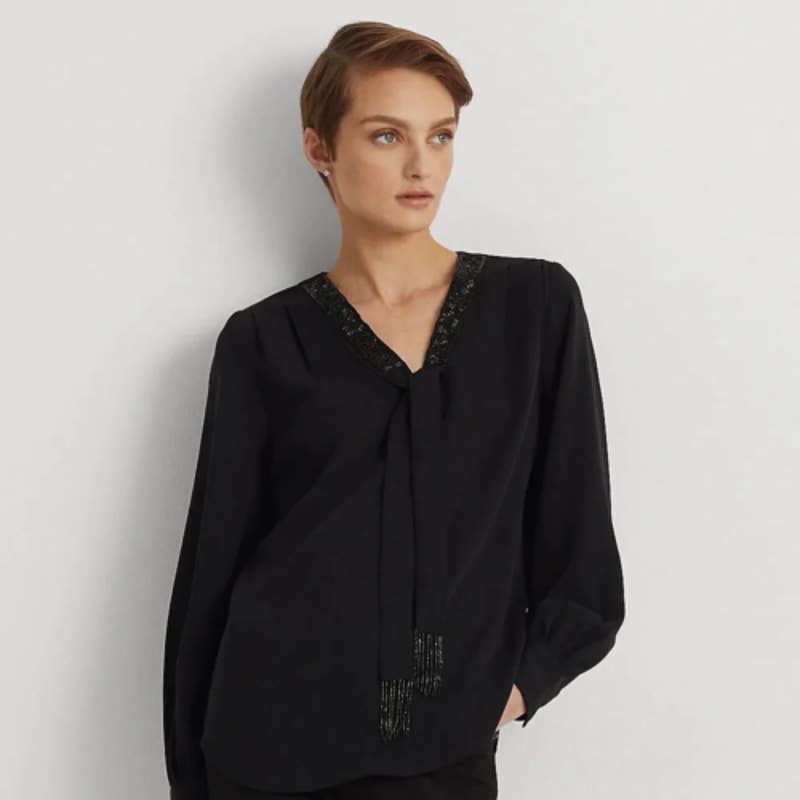 Lauren Ralph Lauren Women's Black Beaded "Georgette" Tie Neck Shirred Blouse