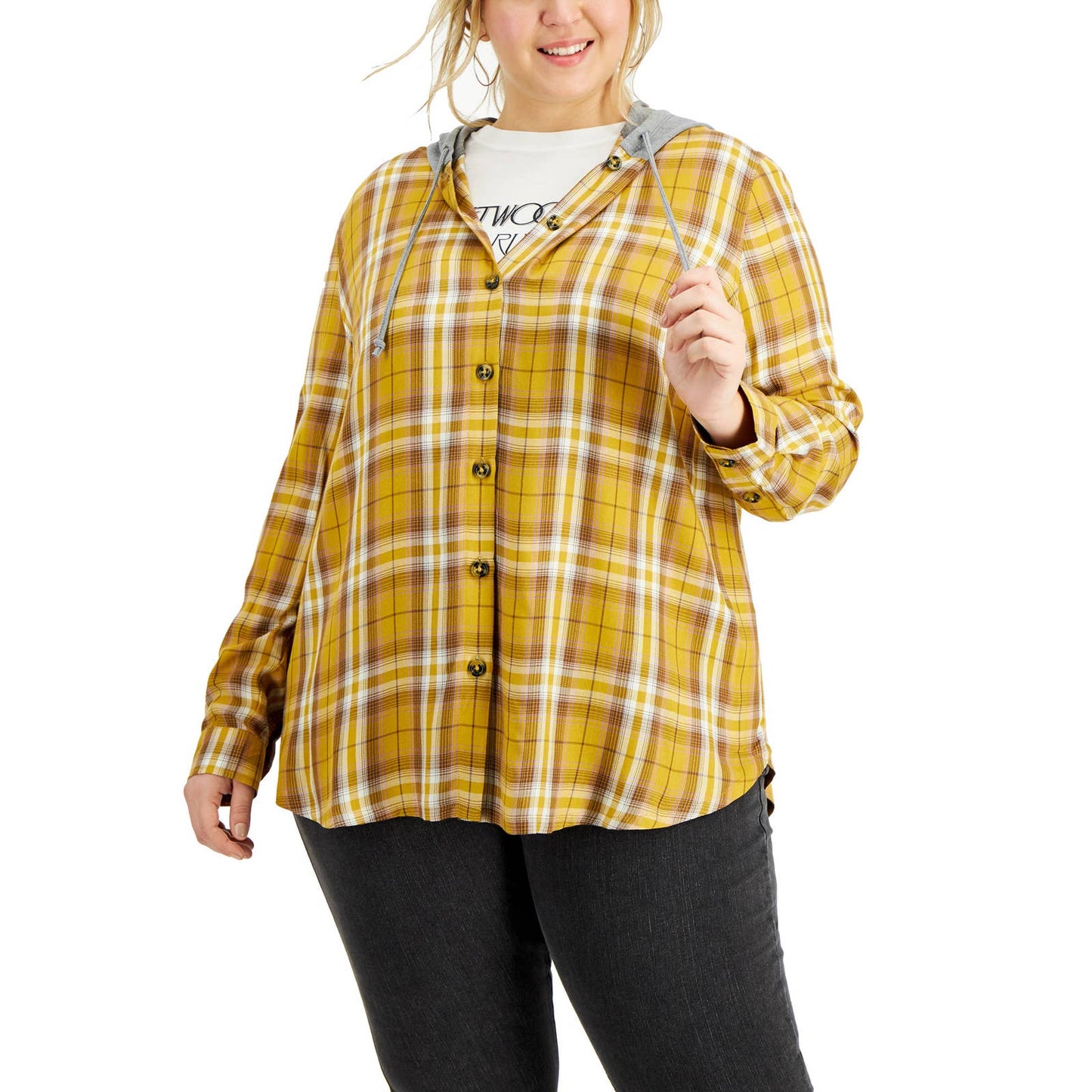 Love, Fire Ladies Mustard Yellow & Gray Plaid Button Up Top