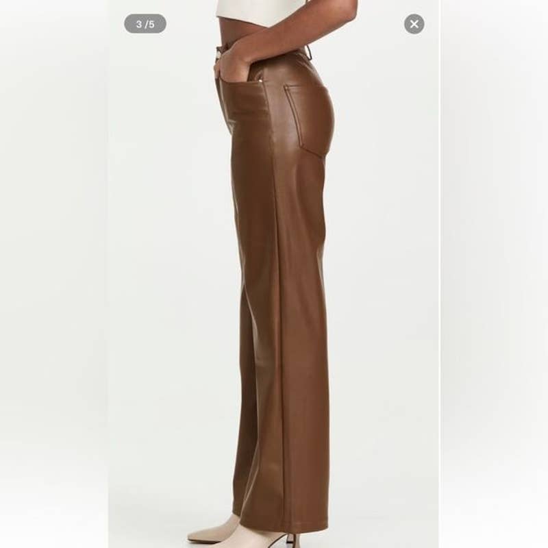WEWOREWHAT Ladies Chocolate Brown Vegan Leather High Rise Dad Jean Pants