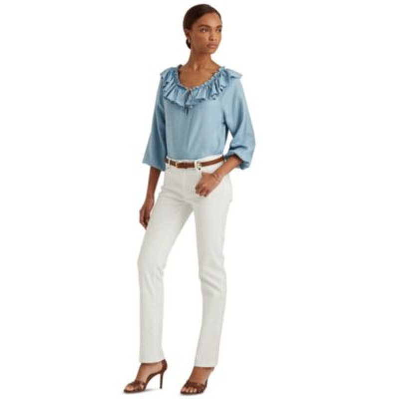 Lauren Ralph Lauren Women's Chambray Miramar Wash Ruffle Trim Blouse