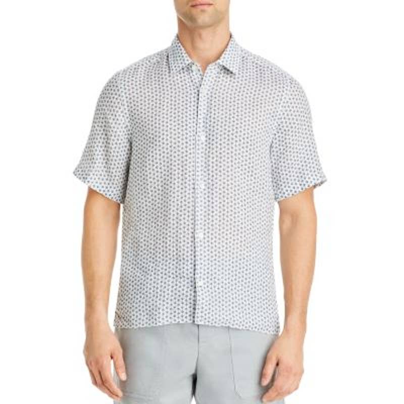 Hugo Boss Men's "Lukka" Short Sleeve Button-Down Shirt, White & Green
