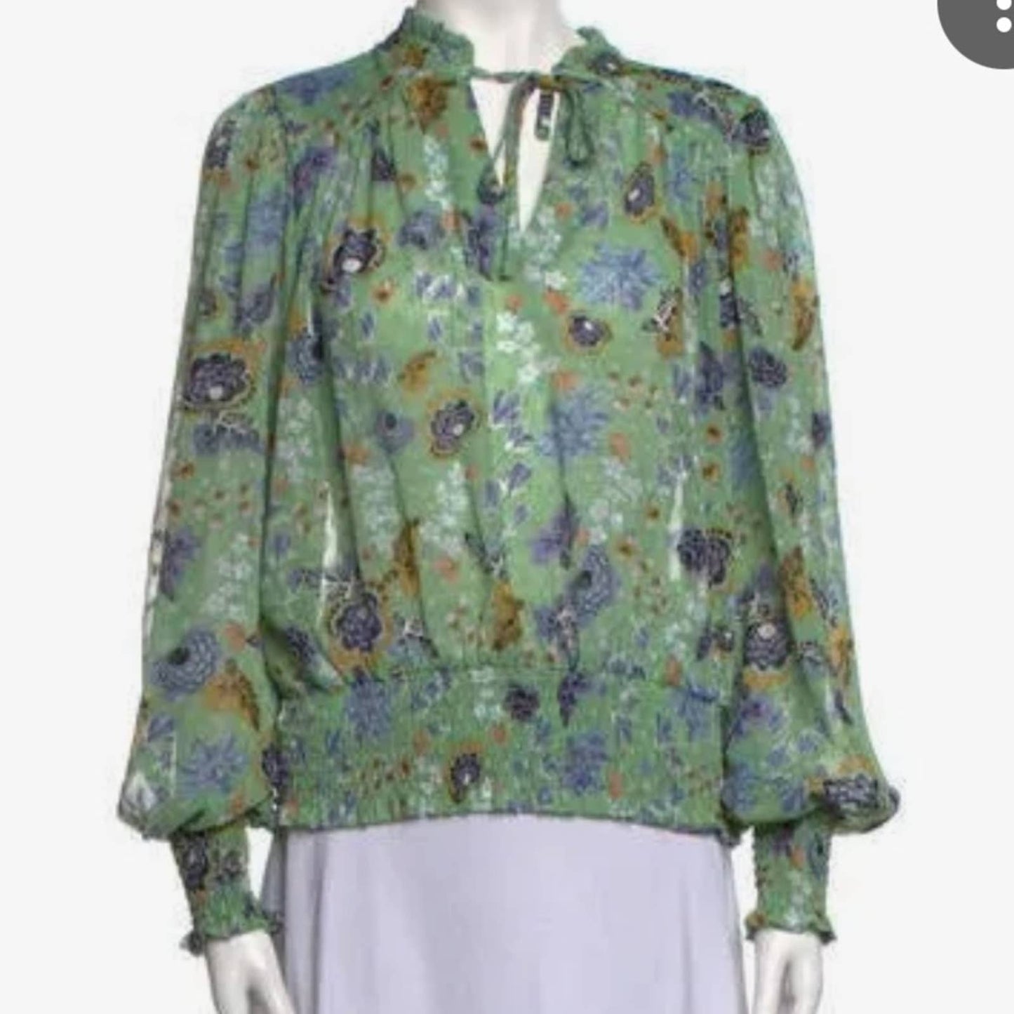 Rachel Zoe Sheer Green Blouse w/ Blue & Yellow Floral Pattern