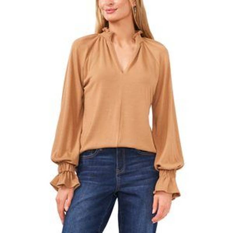Vince Camuto Women's Tan Wild Oak Split Neck Smocked Sweater