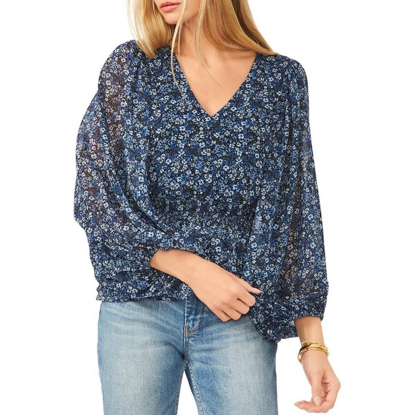 Vince Camuto Multi Blue Floral Print Smock Waist Blouse