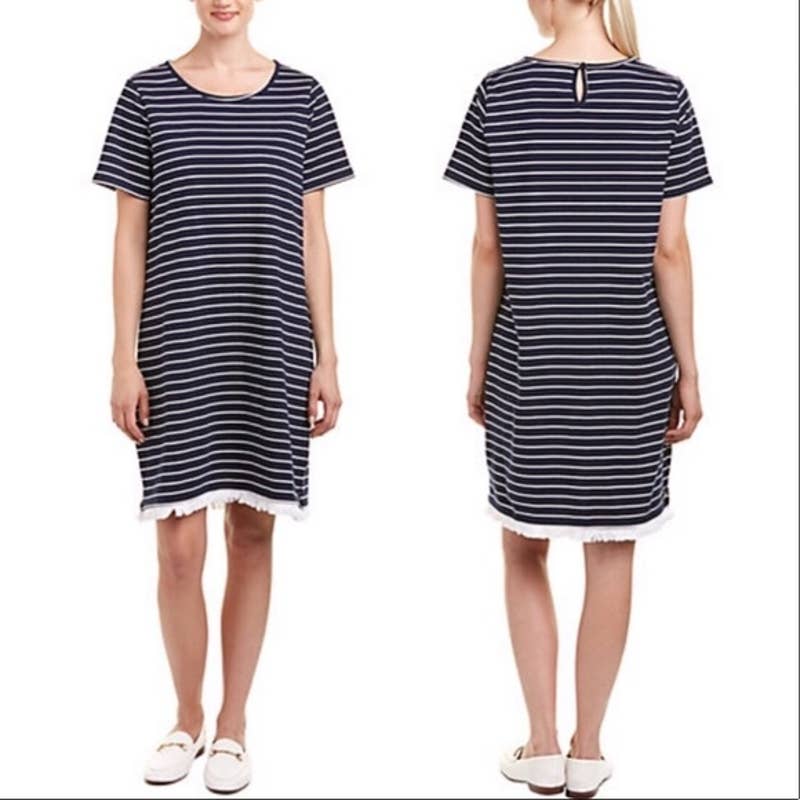 Beach Lunch Lounge Ladies Navy Blue & Cream Striped T-Shirt Dress w/ Fringe