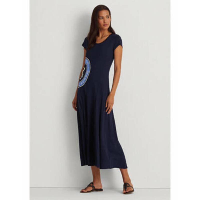 Lauren Ralph Lauren Women's French Navy Blue Jersey Logo Maxi Dress