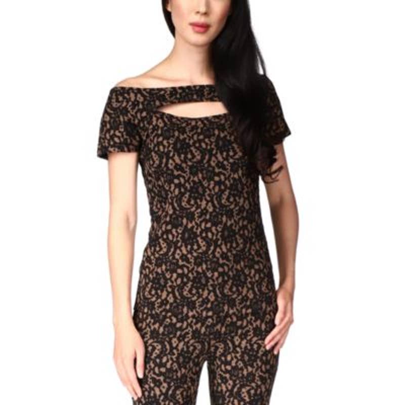 Michael Kors Women's Black & Tan Off-the-Shoulder Lace Blouse, Keyhole