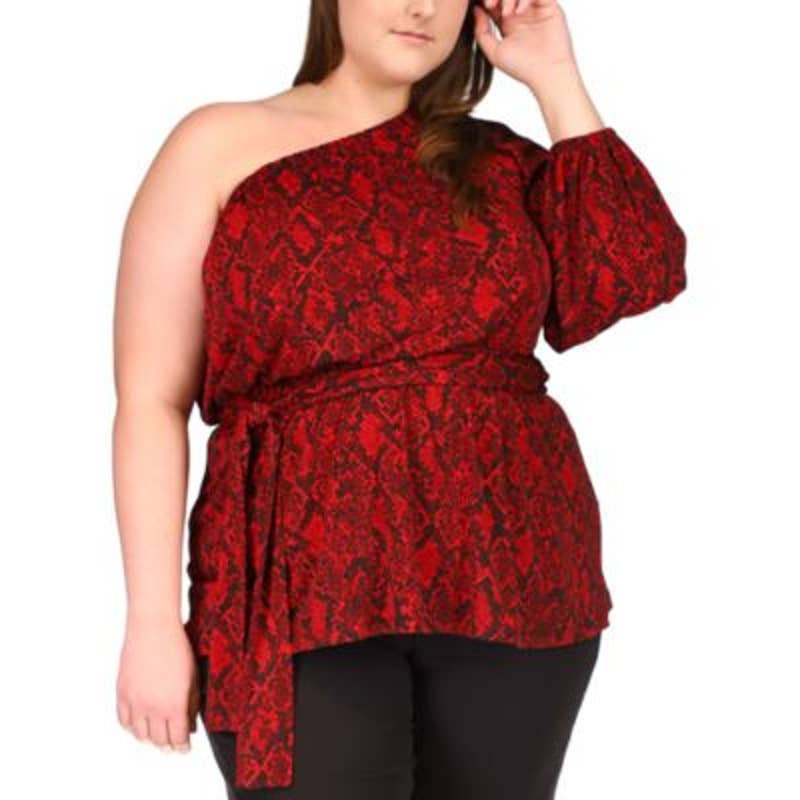 Michael Kors Women's Red Crimson & Black Animal Print Asymmetrical Blouse