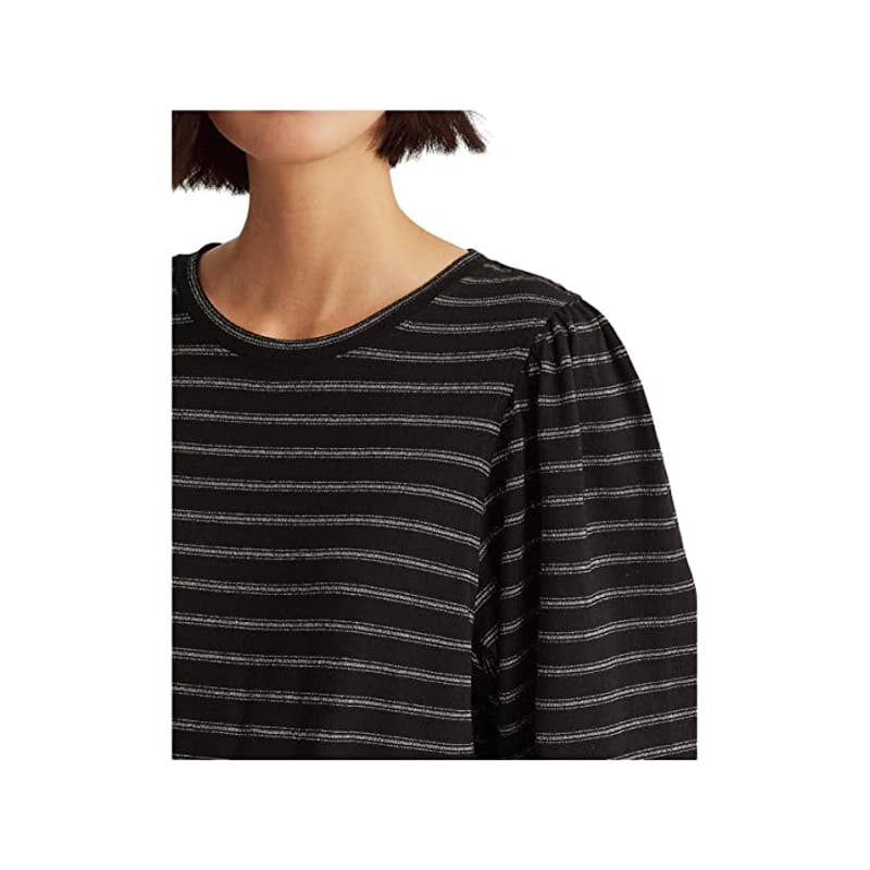 Lauren Ralph Lauren Women's "Lurex" Black Metallic Stripe Blouse, Balloon Sleeve