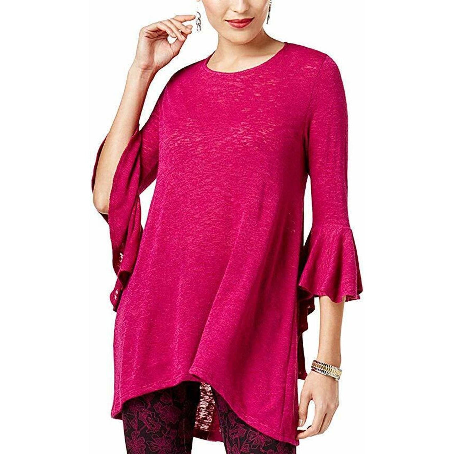 ALFANI LADIES HI LOW BELL SLEEVE TUNIC SWEATER, MAGENTA