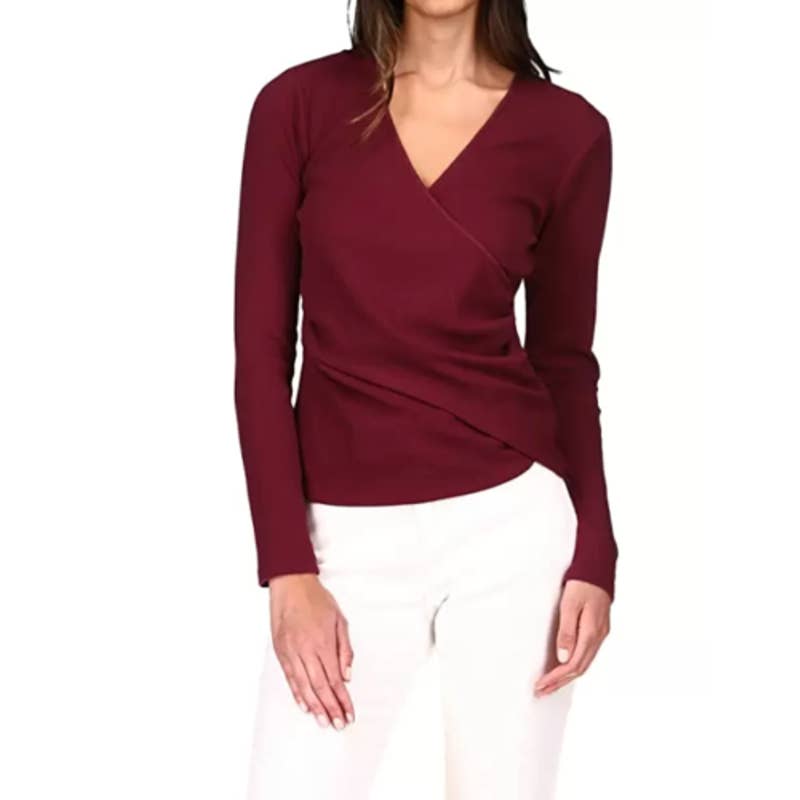 Michael Kors Women's Dark Ruby Burgundry Ribbed Faux-Wrap Blouse