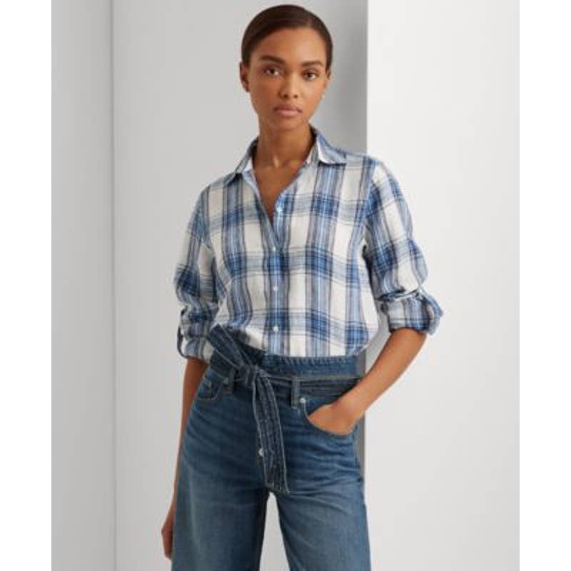 Lauren Ralph Lauren Ladies Blue & White Plaid Roll Tab Sleeve Button Up