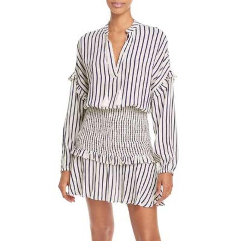 AQUA Women's White & Navy Blue Striped Smock Waist Dress