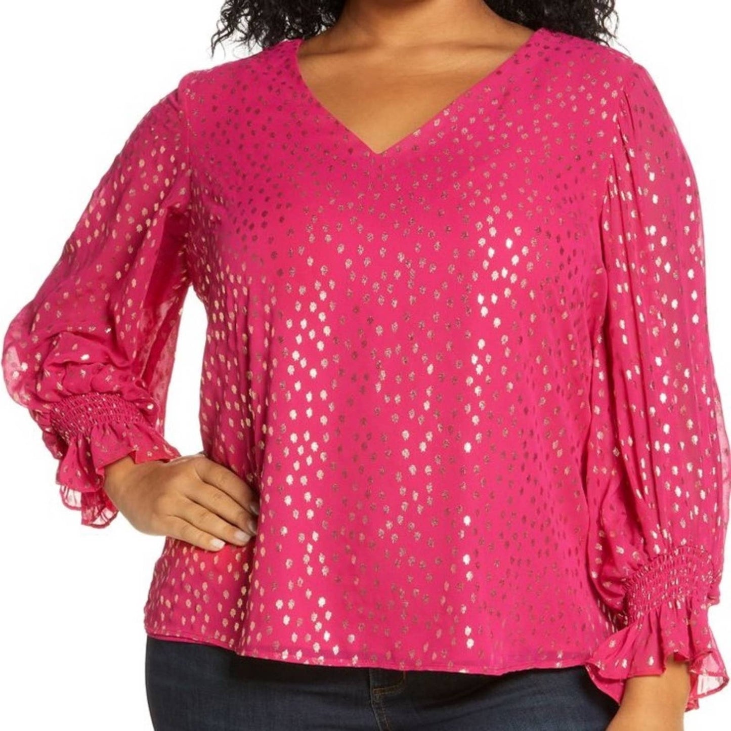 Vince Camuto Fuchsia Rose Pink Blouse w/ Gold Polka Dots, Ruched Sleeves