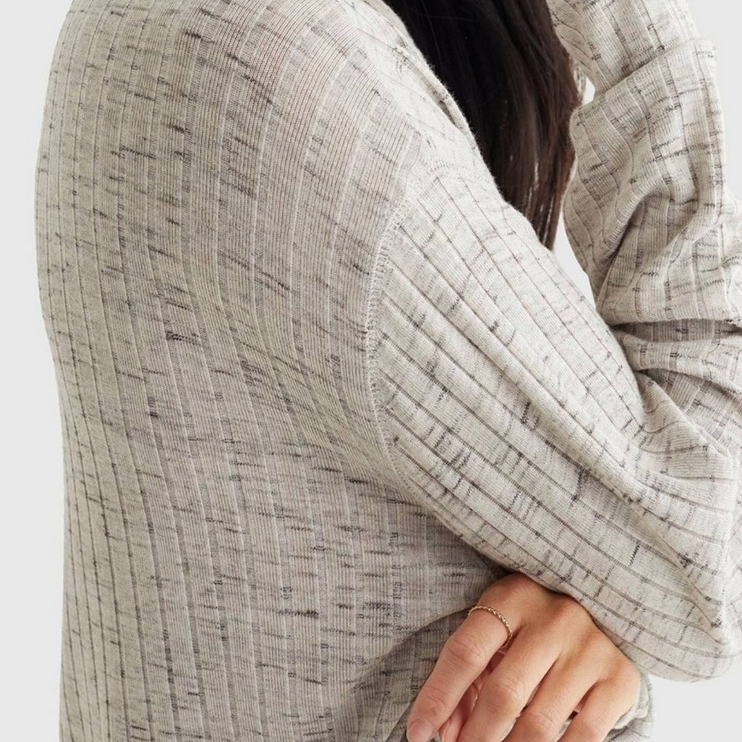 Lucky Brand Light Heather Gray Ribbed Blouse, Long Sleeve
