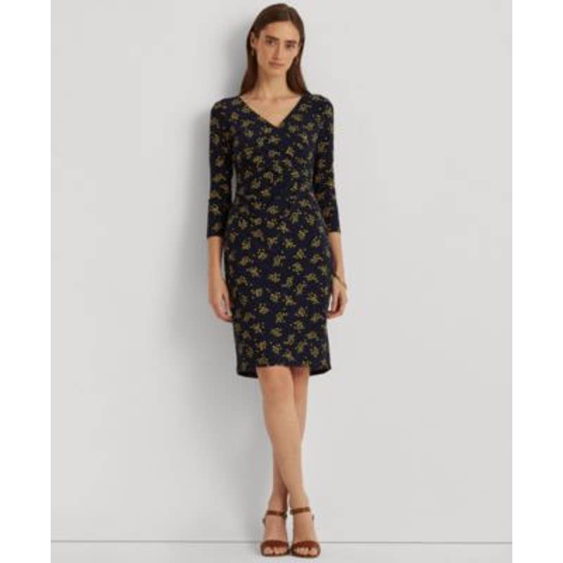 Lauren Ralph Lauren Women's Navy Blue & Gold Lighthouse Floral Jersey Dress