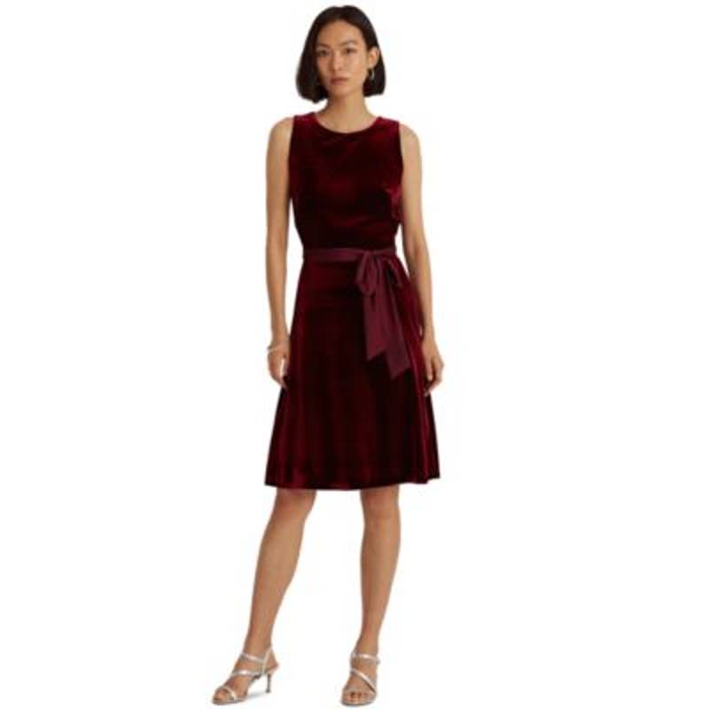 Lauren Ralph Lauren Women's Crimson Maroon Sleeveless Velvet Midi Dress