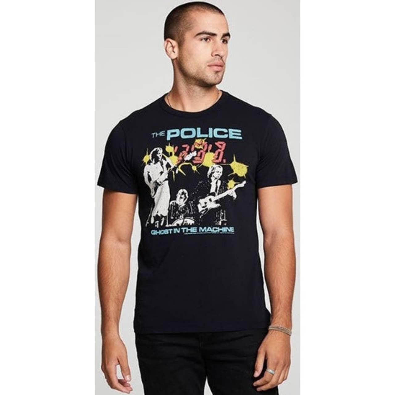 CHA SOR Men's Multi-Color Black Graphic Tee Shirt, "The Police" Band Tee